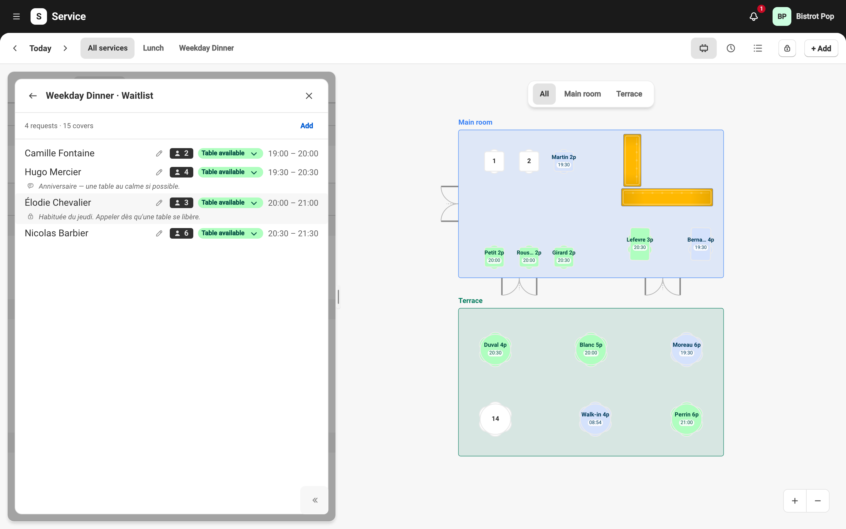 A service's waitlist open beside the floor plan: four requests, their party sizes and the arrival window each guest asked for.