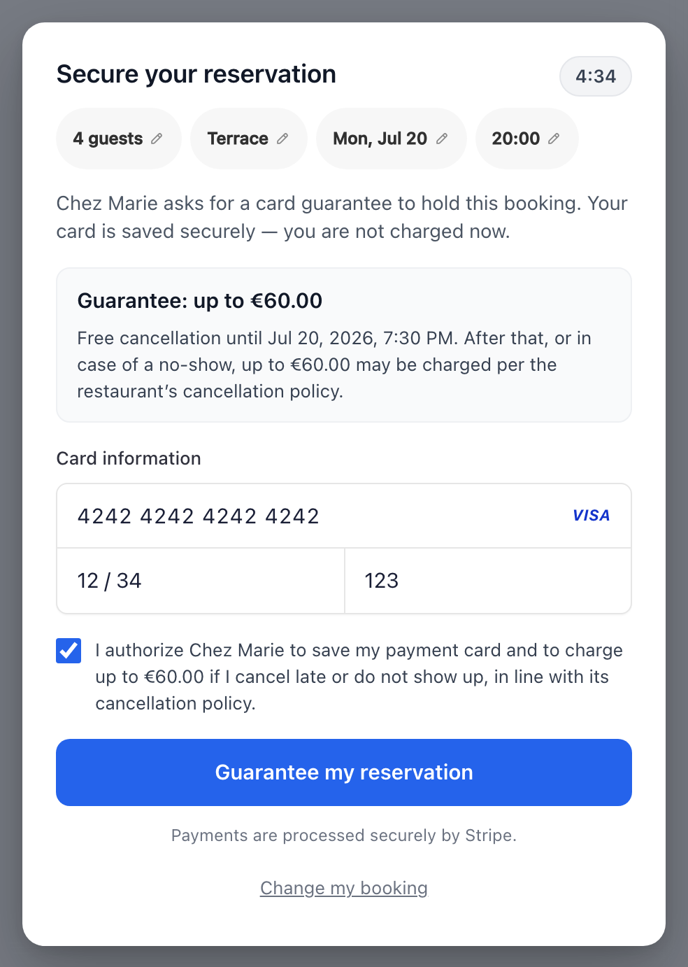 A card imprint requested at the time of booking