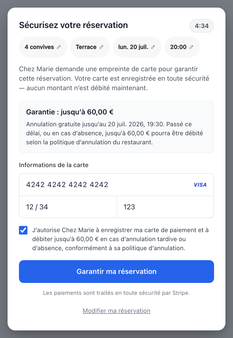 Une empreinte demandée au moment de réserver