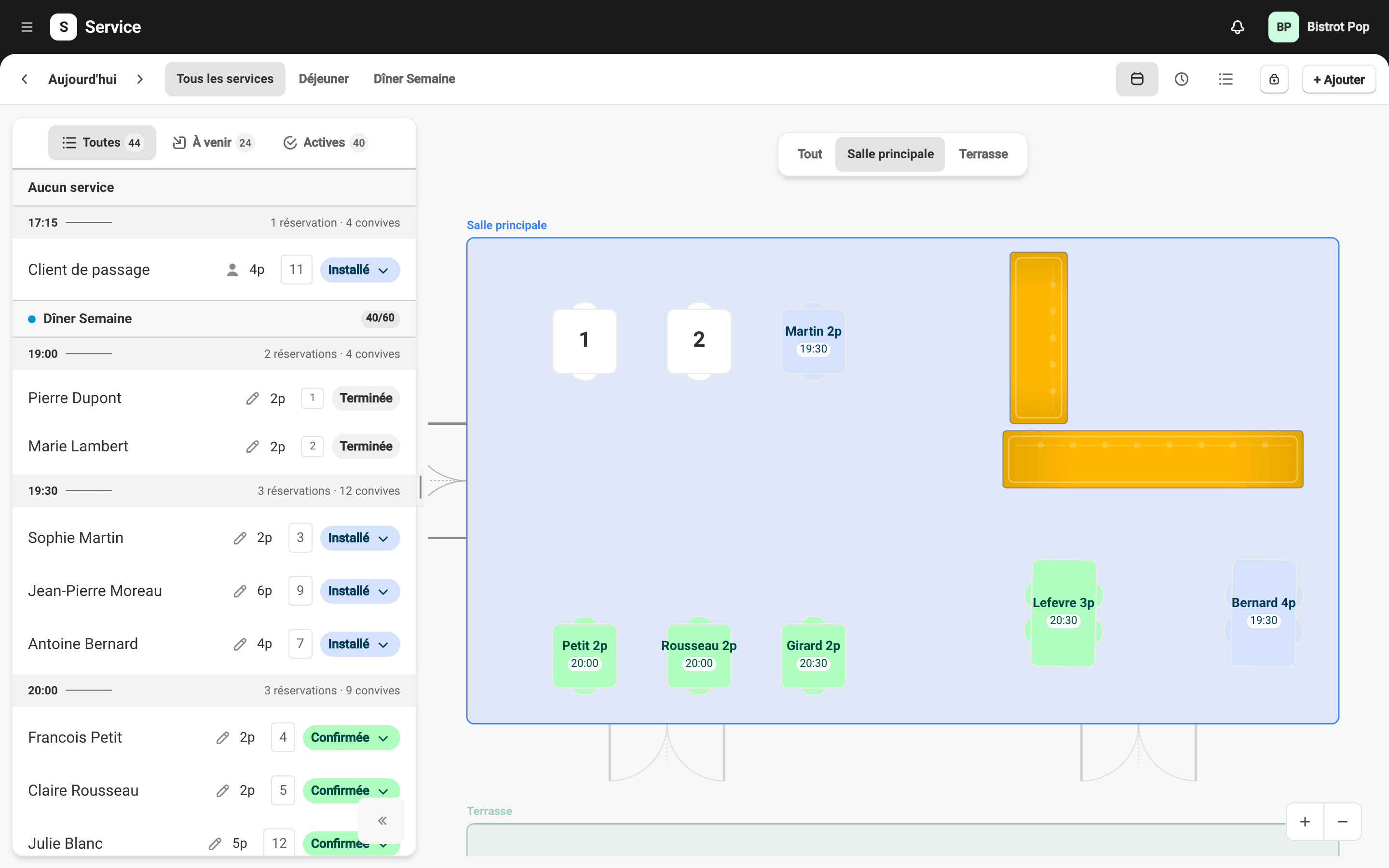 Tableau de bord des réservations avec plan de salle