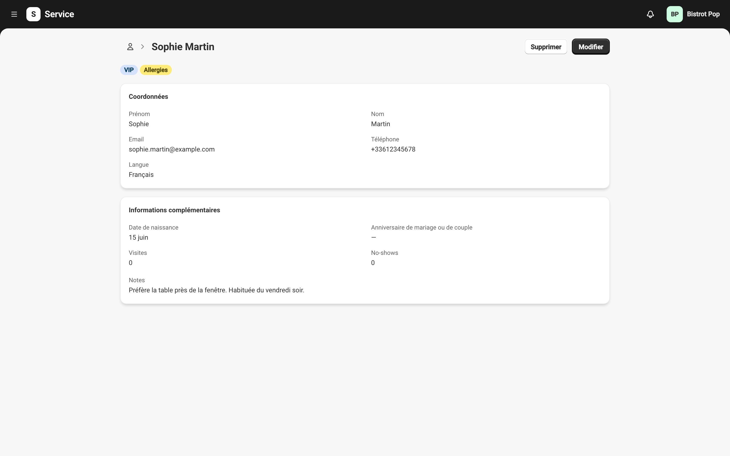 Profil client avec badges VIP et allergies
