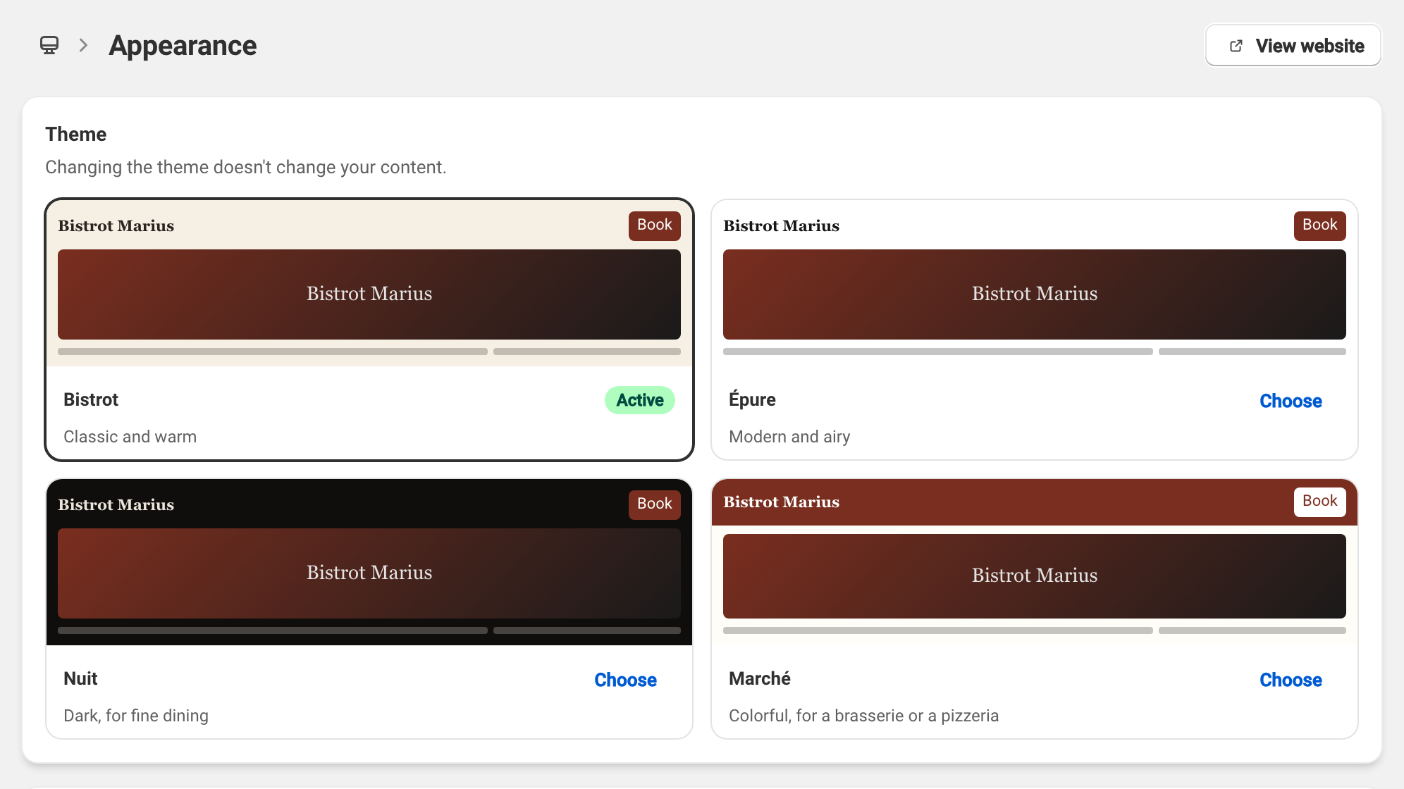 Website Appearance screen: four themes, Bistrot active