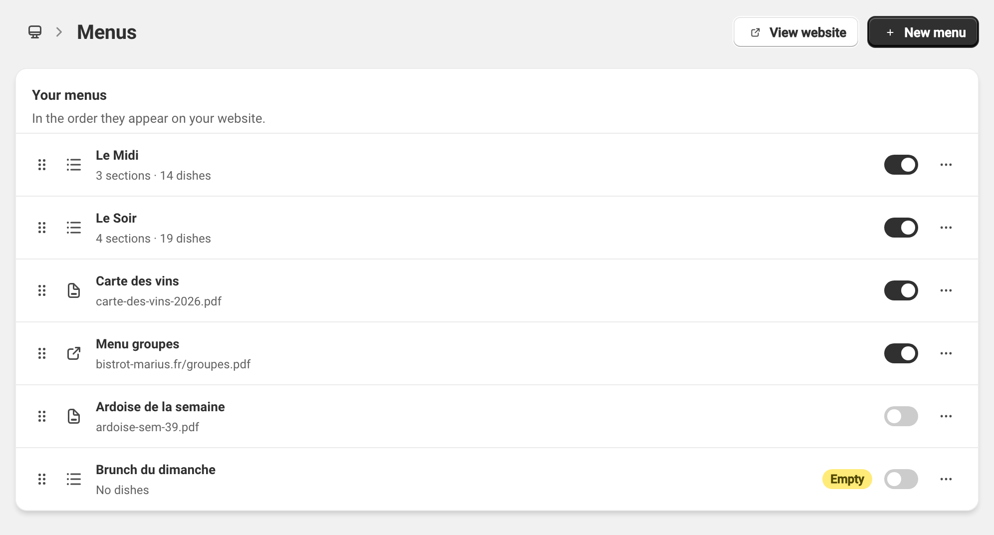 Menus screen: typed-in, PDF and link menus