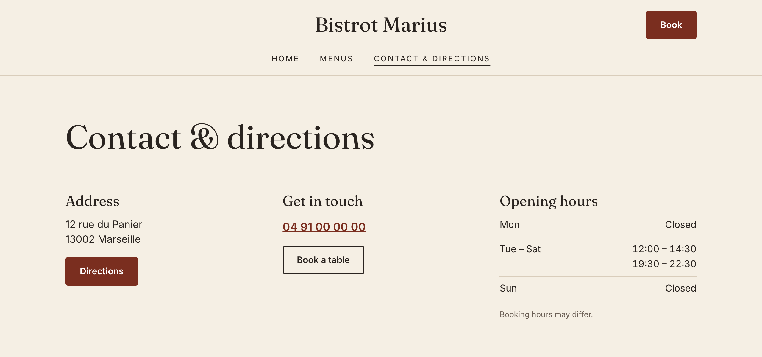 The site's Contact page: address, phone and opening hours taken from the venue