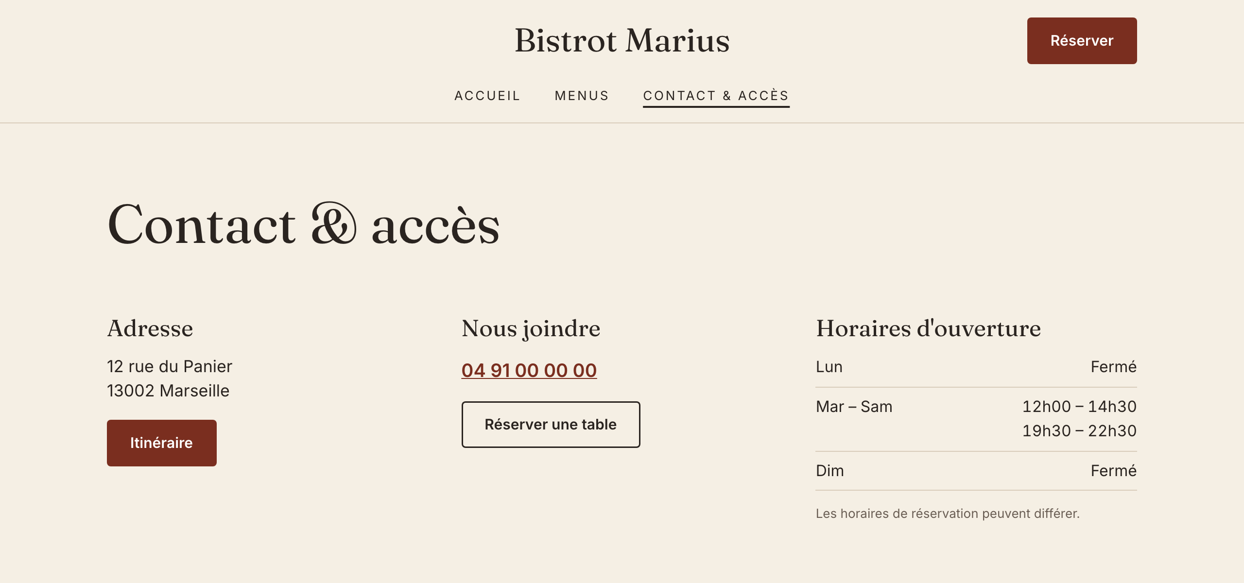 Page Contact et accès du site : adresse, téléphone et horaires repris de l'établissement