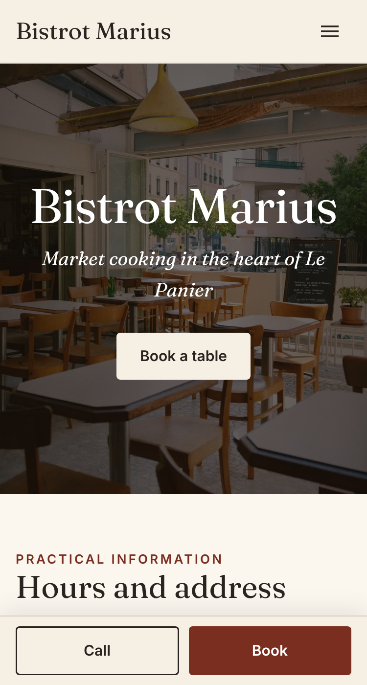 The website on a phone, with the Call and Book buttons