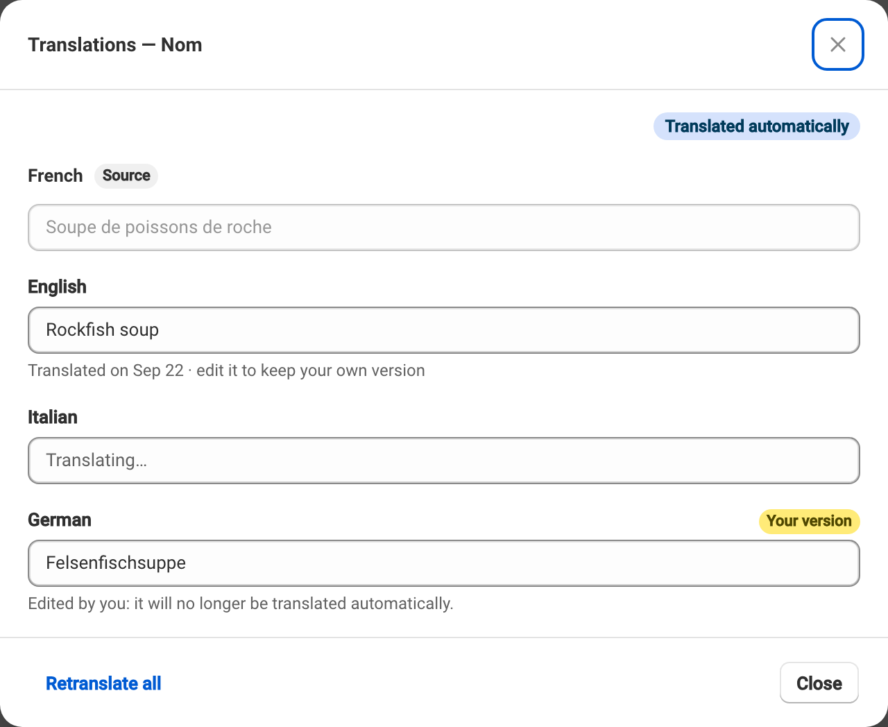Translations of a site text: translated automatically, in progress, and your own version