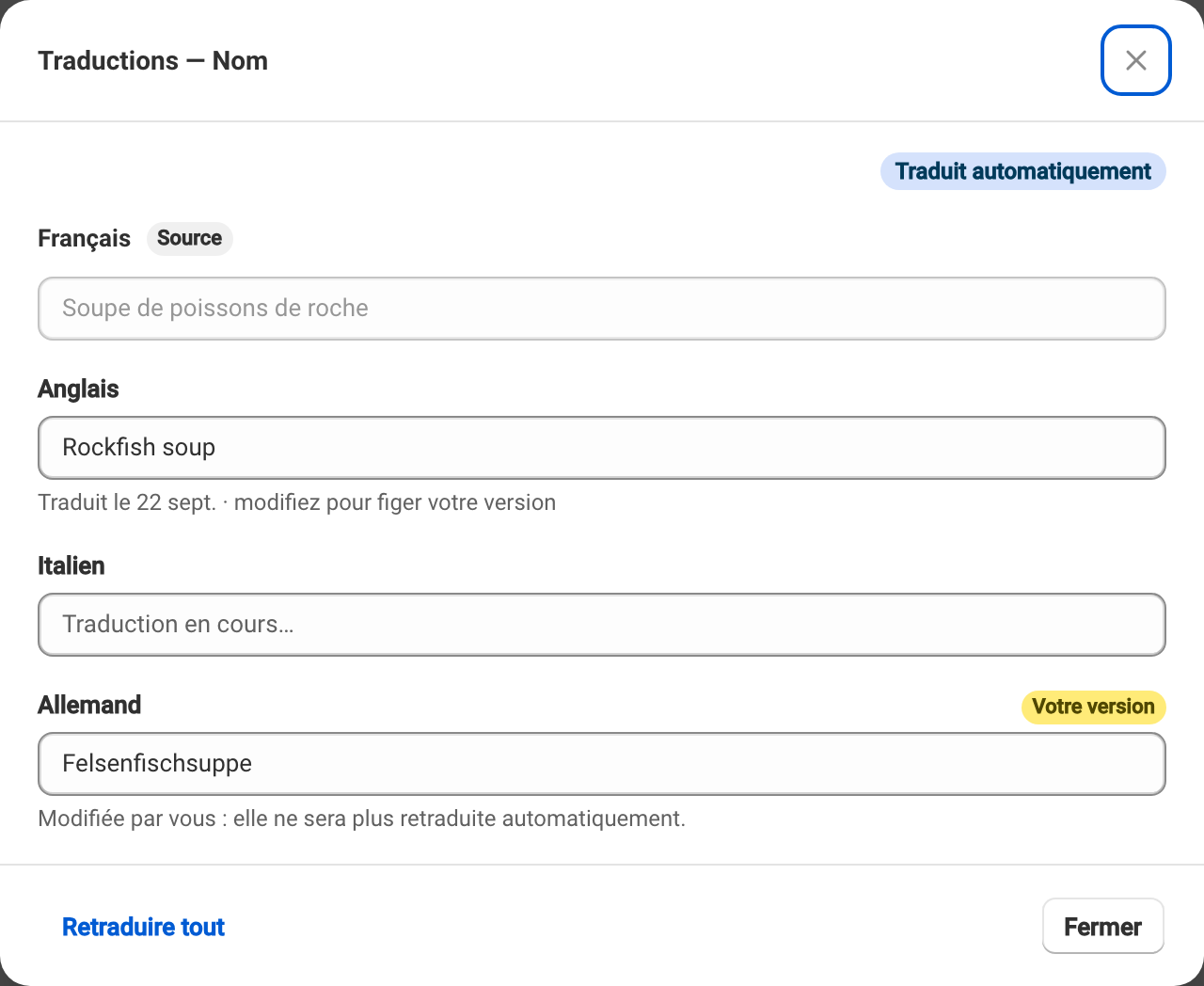 Traductions d'un texte du site : traduit automatiquement, en cours, et votre version